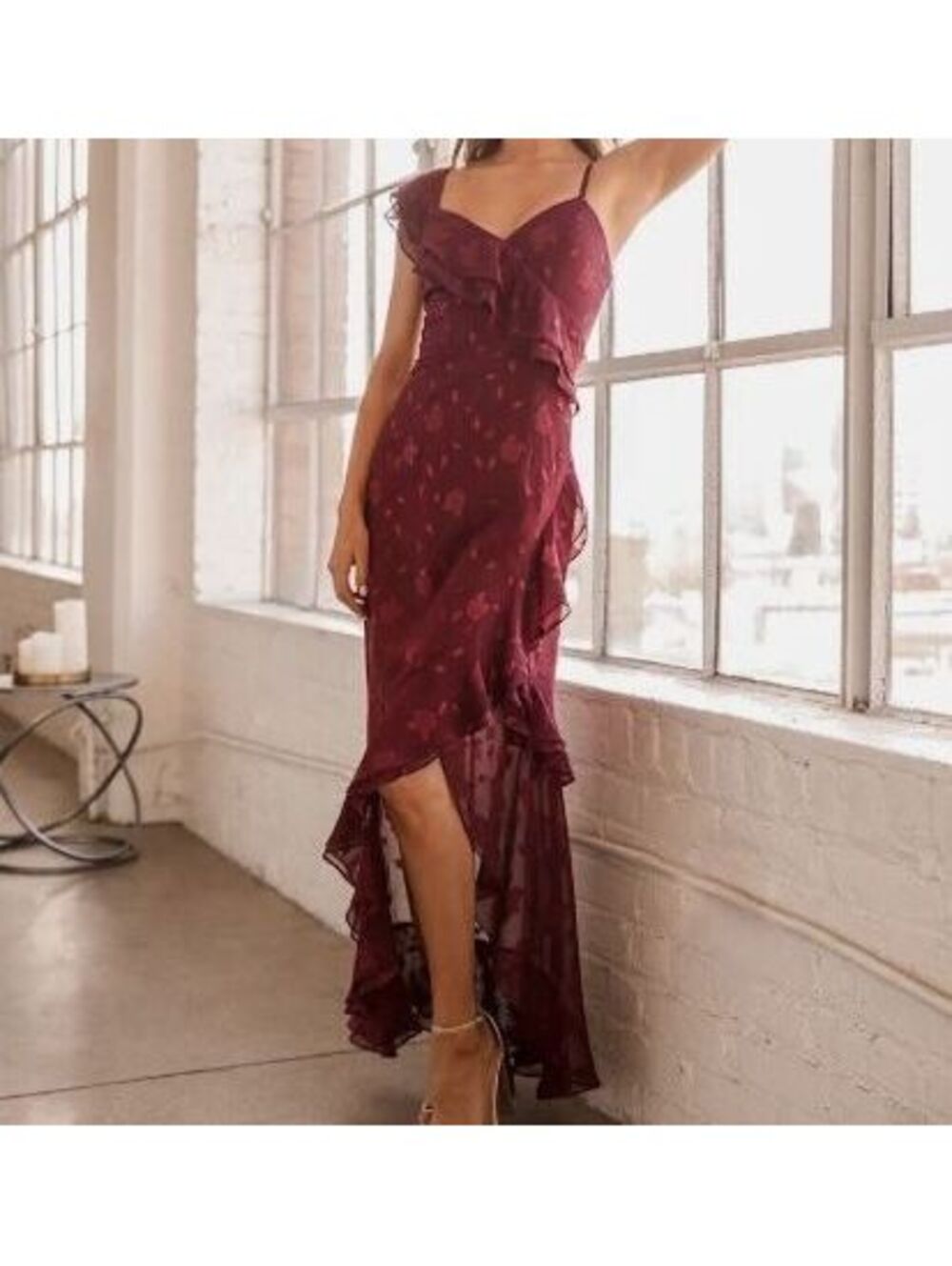 Lulus Forever Be Maxi Dress S Burgundy NWT Floral Jacquard Ruffle Romantic